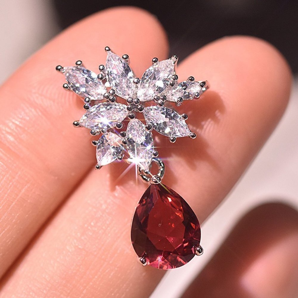 🍁Water Drop Ruby CZ Shiny Leaf Pear Drop Earrings, GPMB1412 - Picture 4 of 4